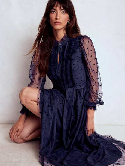 Tulle Ruffle Maxi Dress, Navy