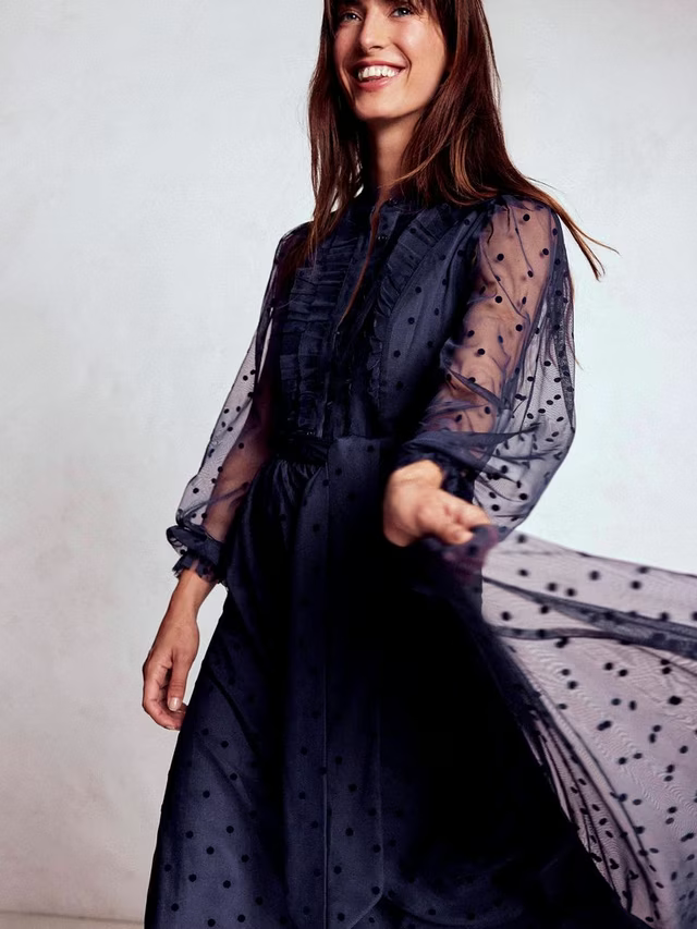 Tulle Ruffle Maxi Dress, Navy