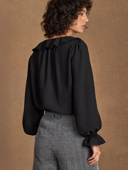 V-Neck Ruffle Front Top, Black