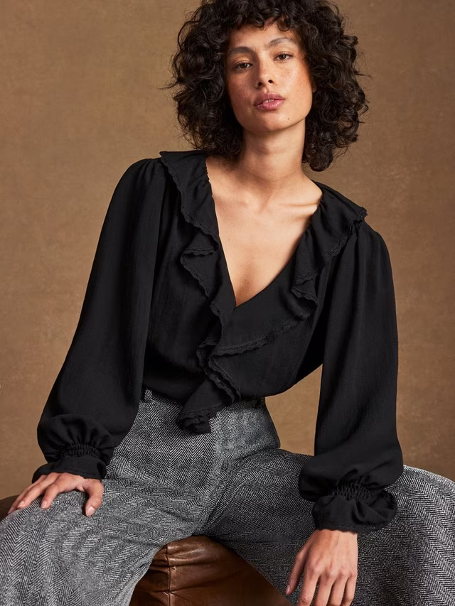 V-Neck Ruffle Front Top, Black