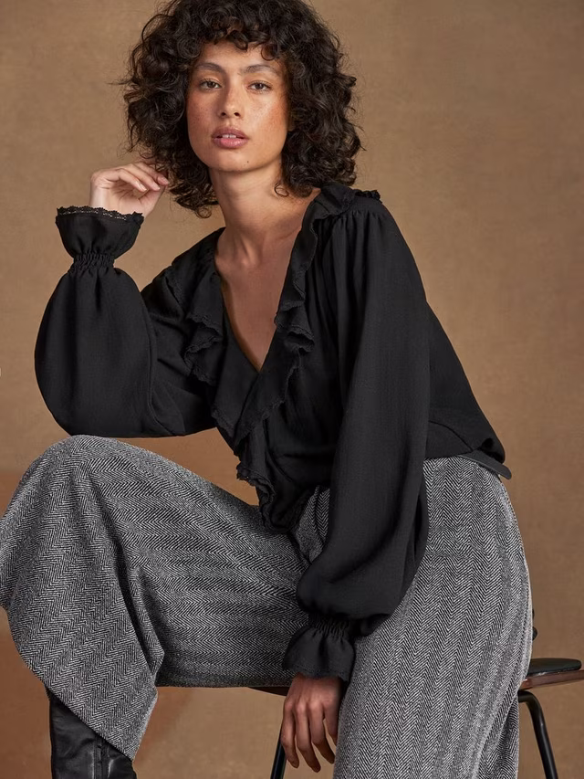 V-Neck Ruffle Front Top, Black