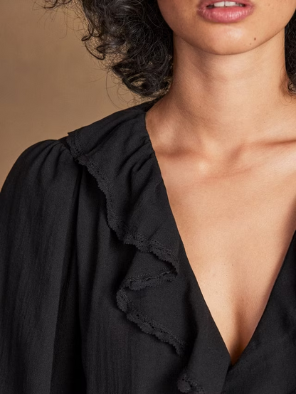 V-Neck Ruffle Front Top, Black