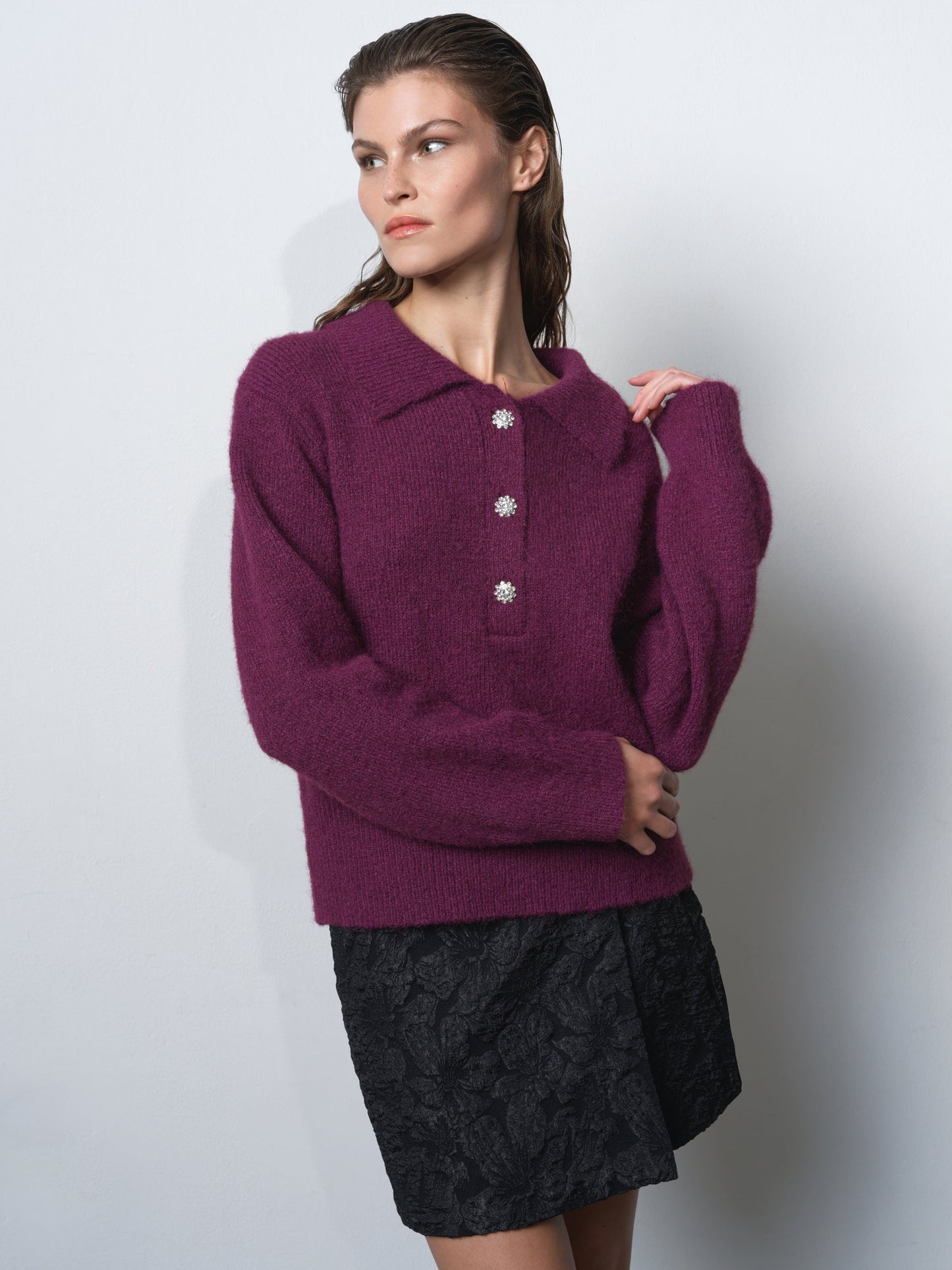 Polo Collar Diamante Button Jumper Mulberry