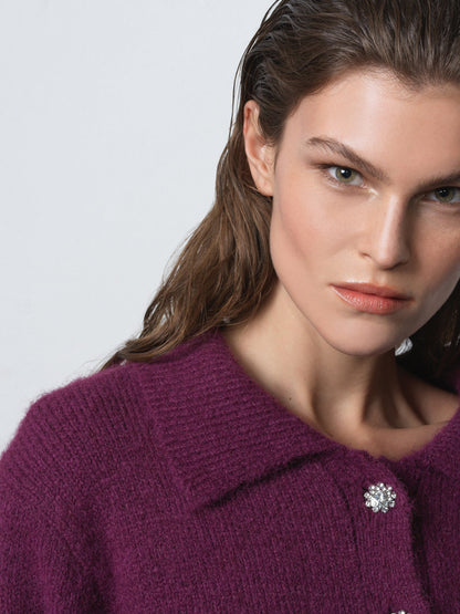 Polo Collar Diamante Button Jumper Mulberry