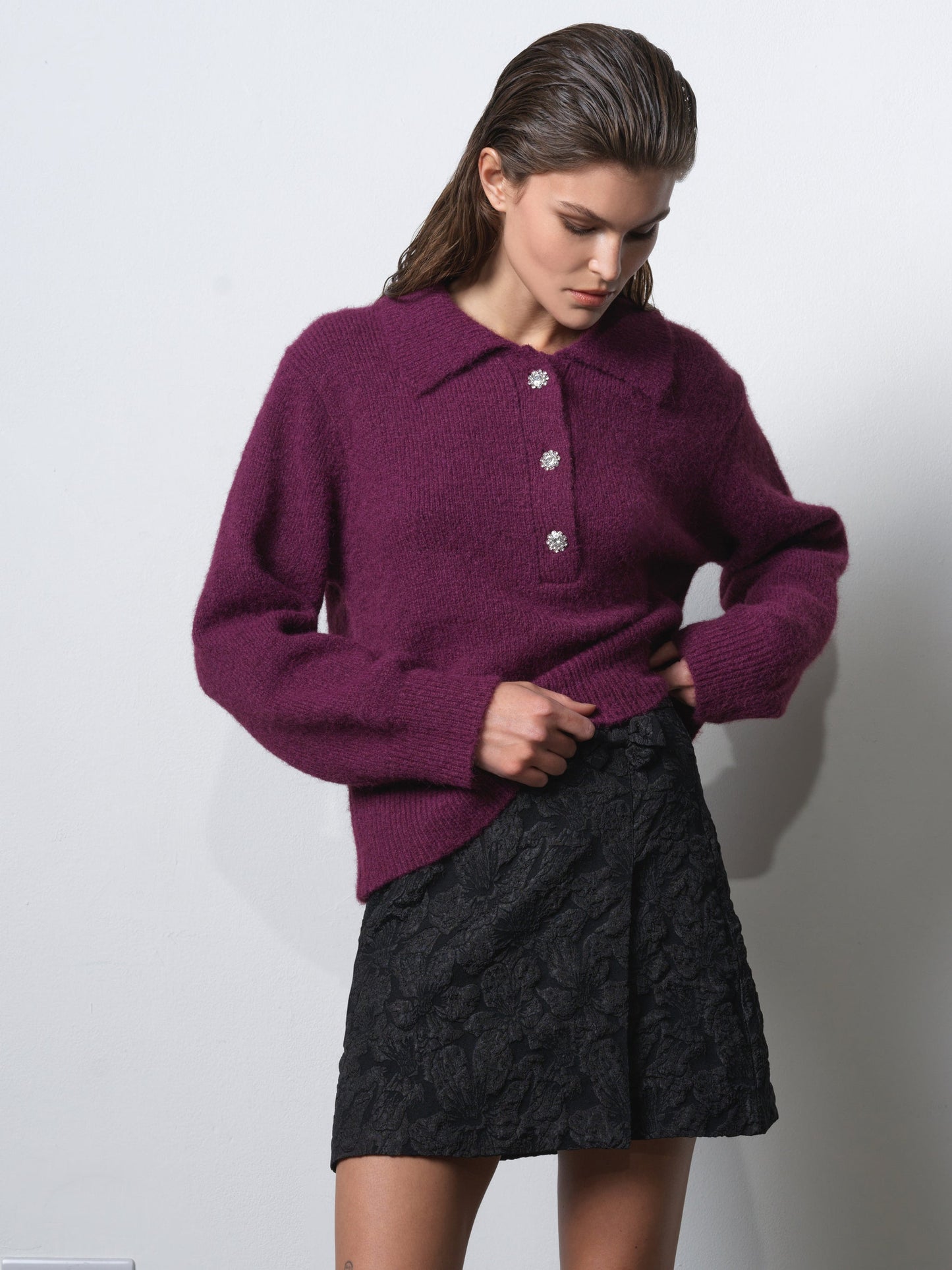 Polo Collar Diamante Button Jumper Mulberry