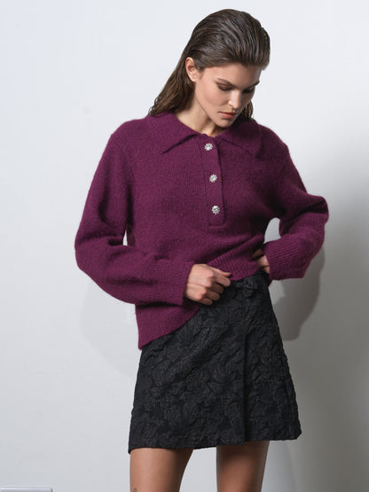 Polo Collar Diamante Button Jumper Mulberry