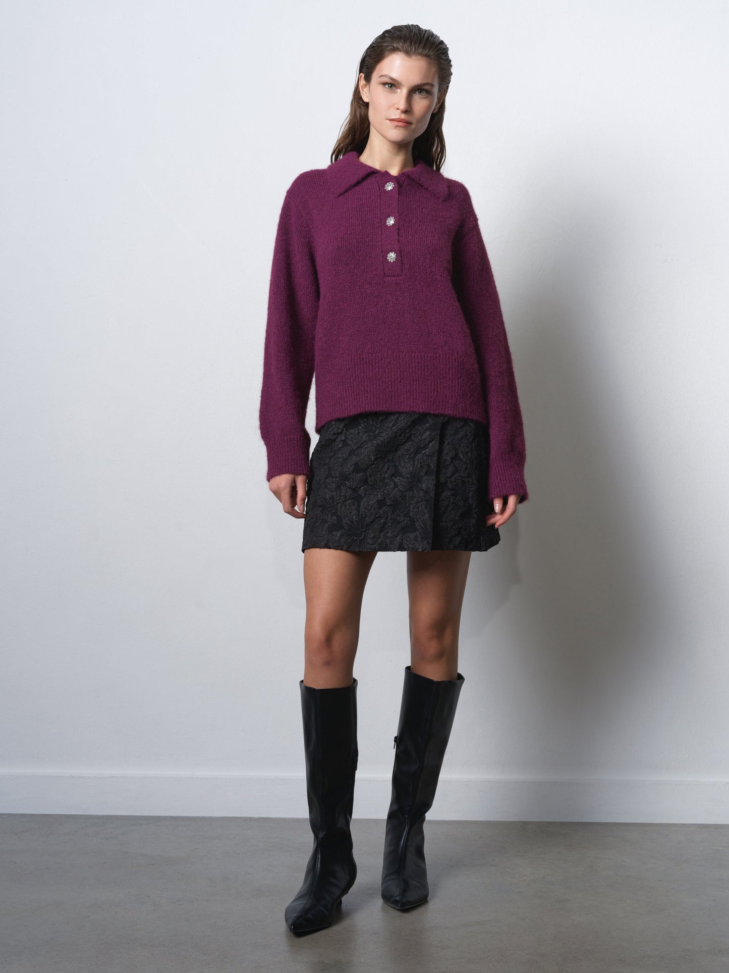 Polo Collar Diamante Button Jumper Mulberry
