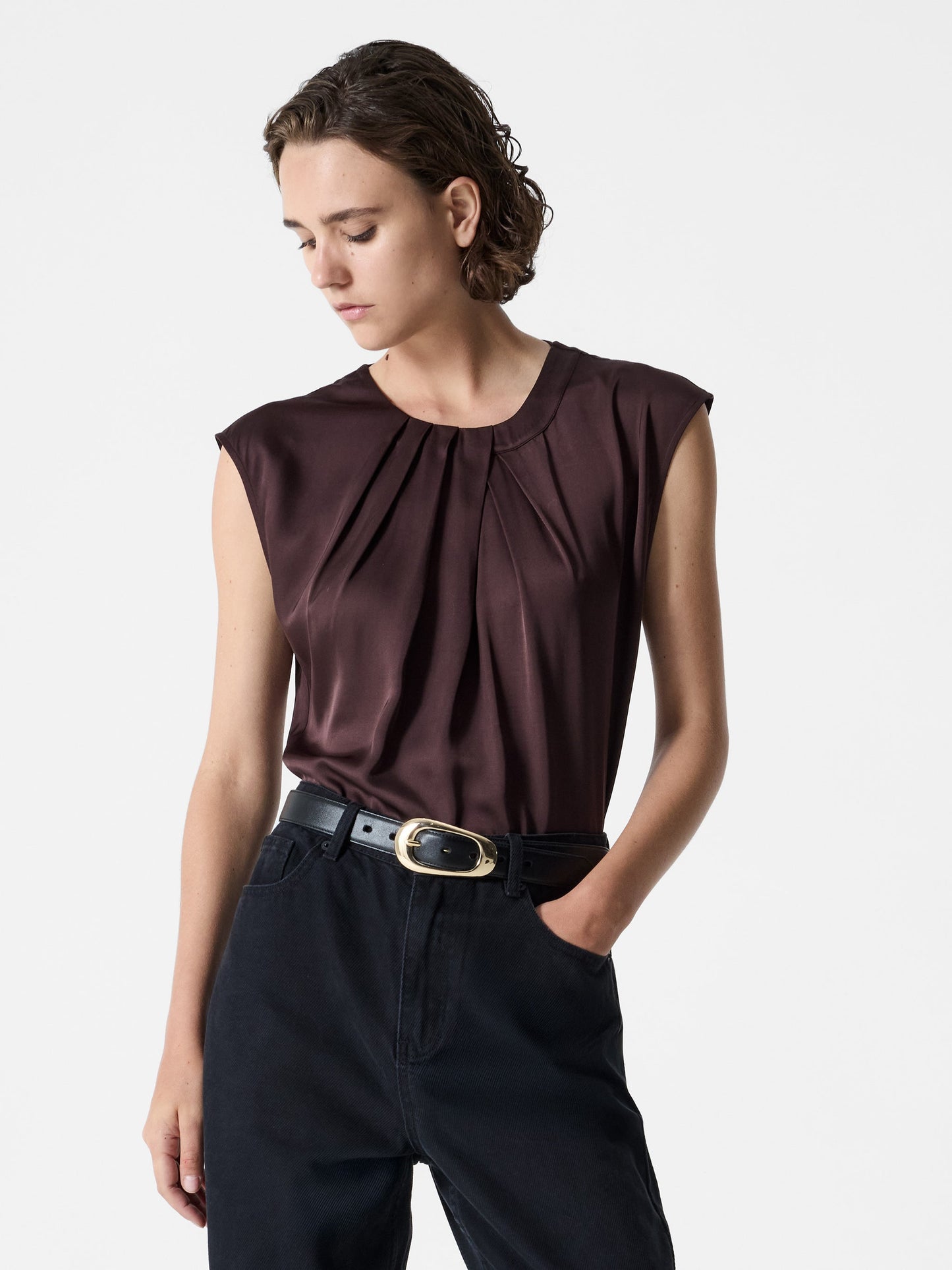 Satin Pleated Sleeveless Blouse