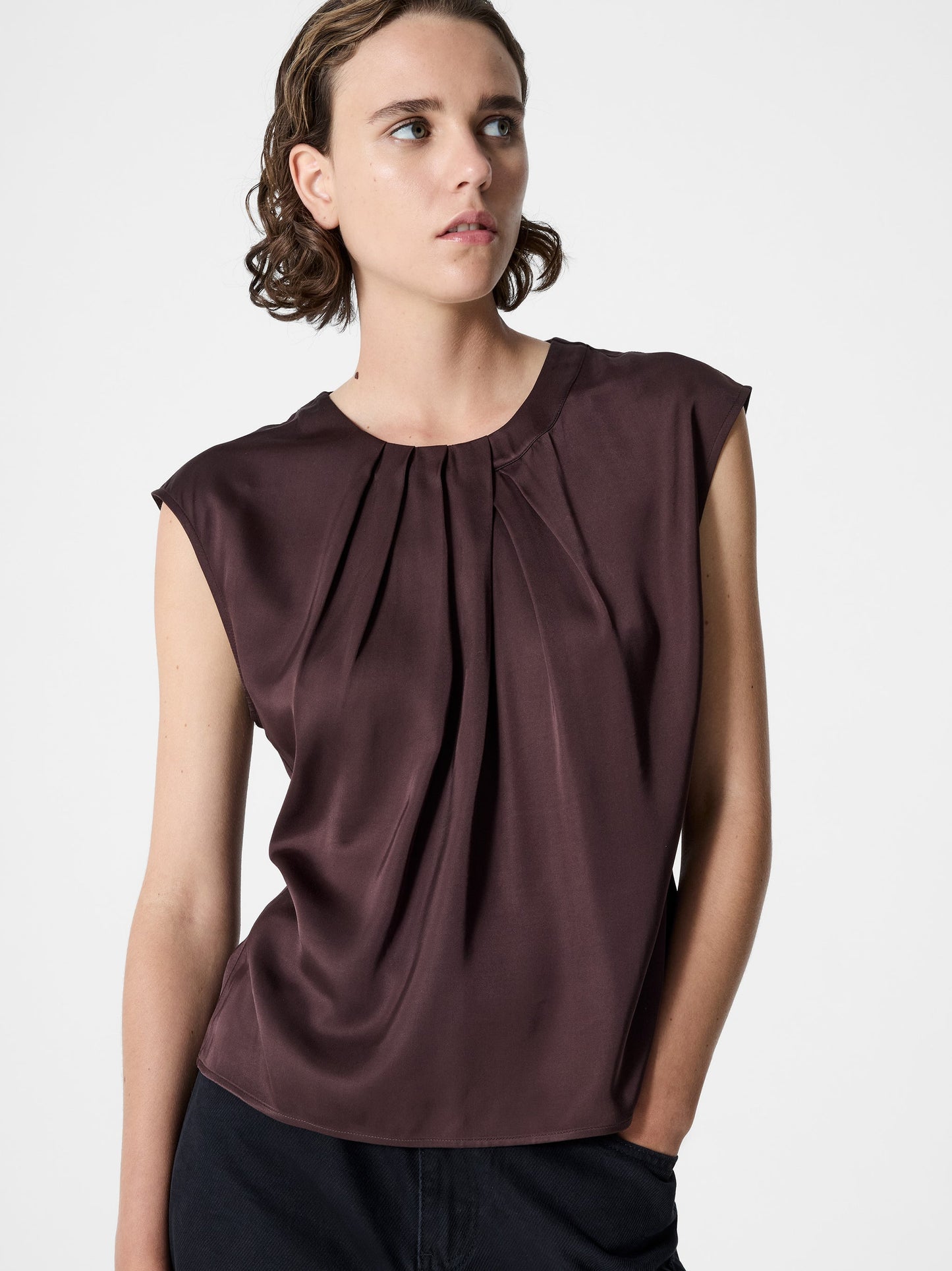Satin Pleated Sleeveless Blouse